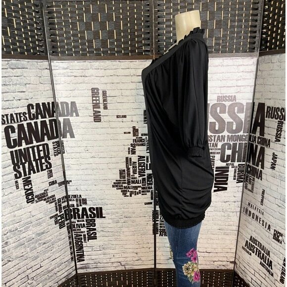 Lapis M Black Relaxed Fit Metallic Center Panel 3/4 Sleeve Shirred Hem Tunic Top - Picture 2 of 5